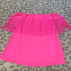 Pink off the shoulder “Sage” brand mini dress. Size small.